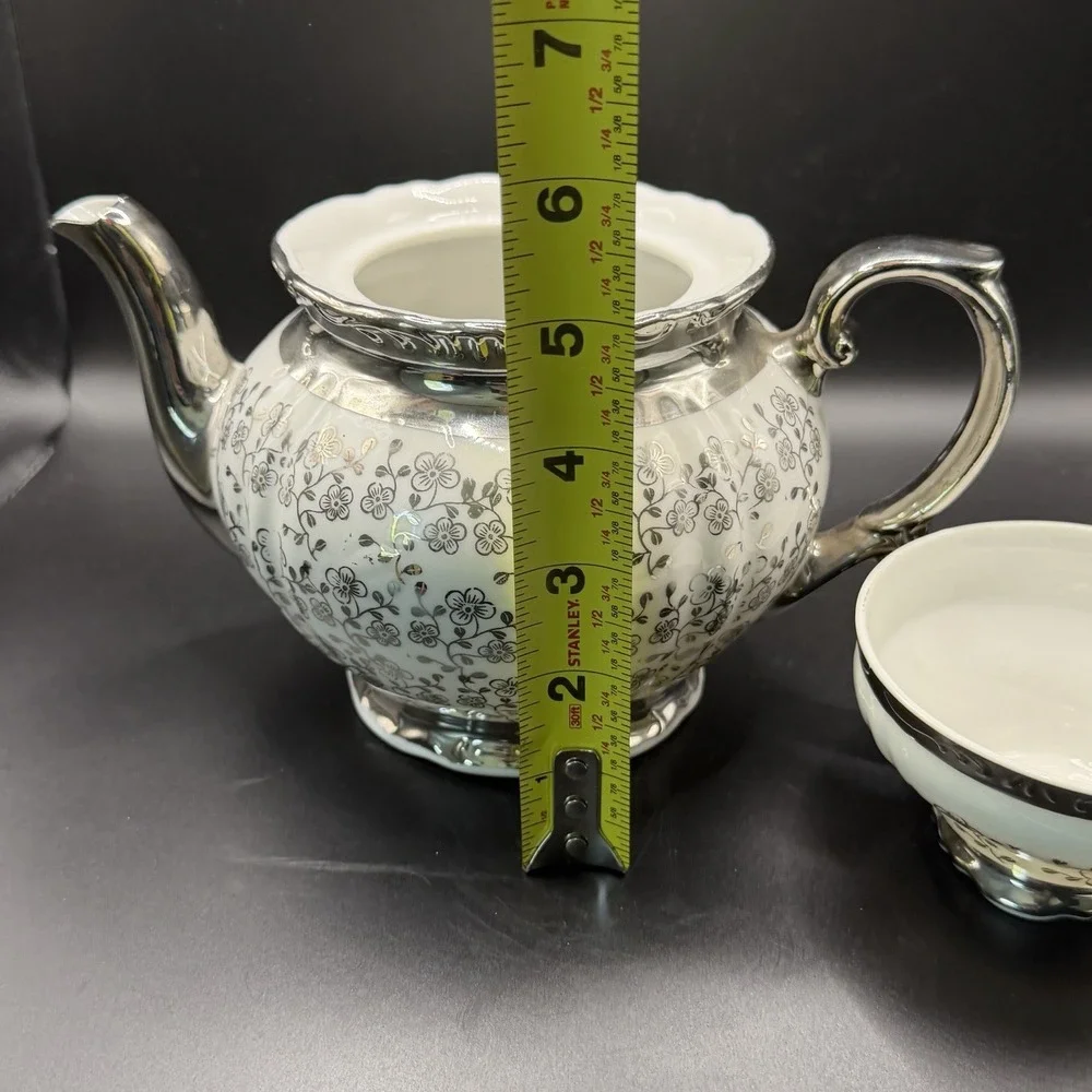Black And Silver Floral Bavarian Teapot & 4 Teacup Set